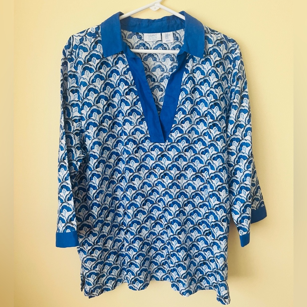 Sigrid Olsen linen blue tunic top printed XL - Picture 2 of 4